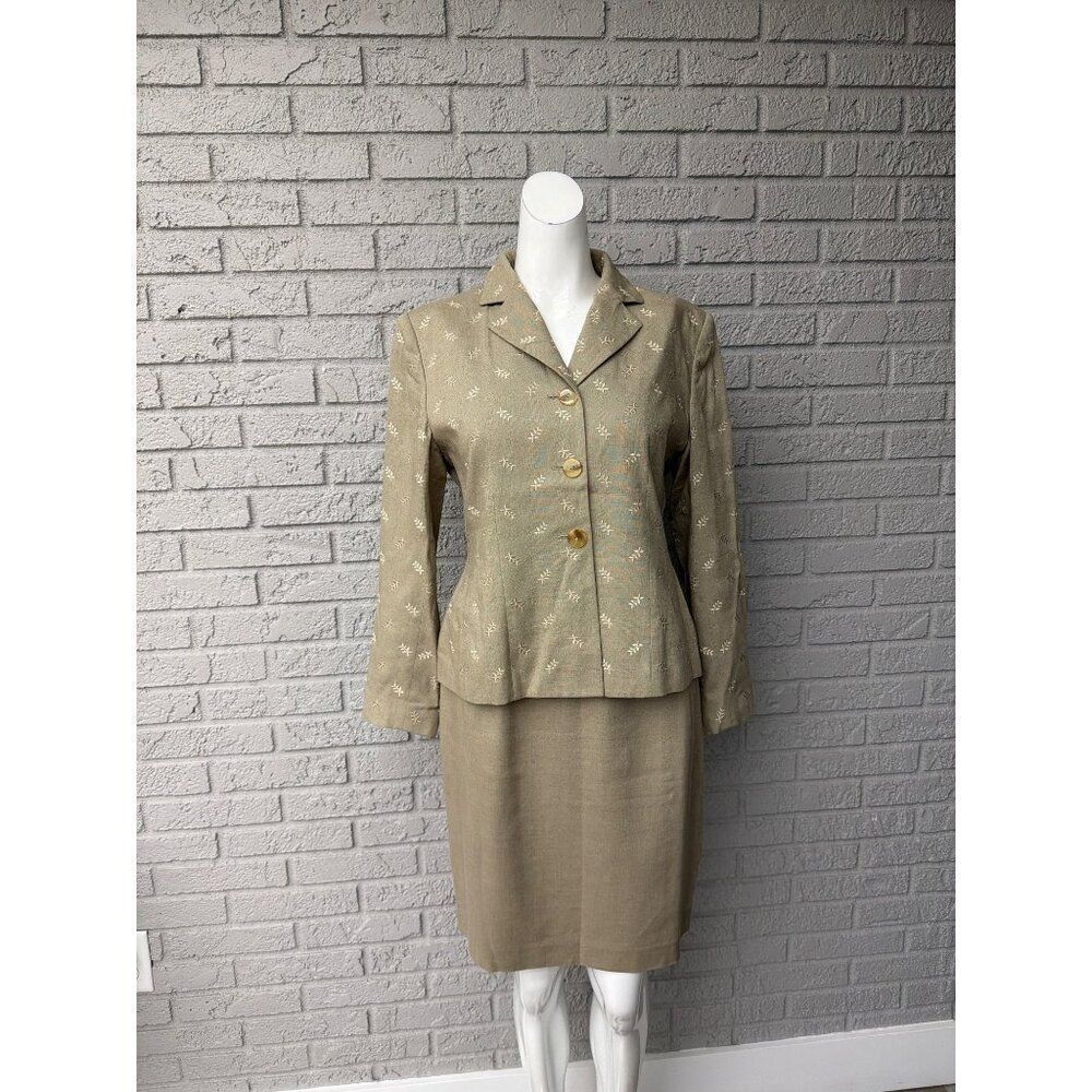 Kasper A.S.L. Women’s Dark Khaki Embroidered Leaf Motif 2 Piece Skirt Set Size 6